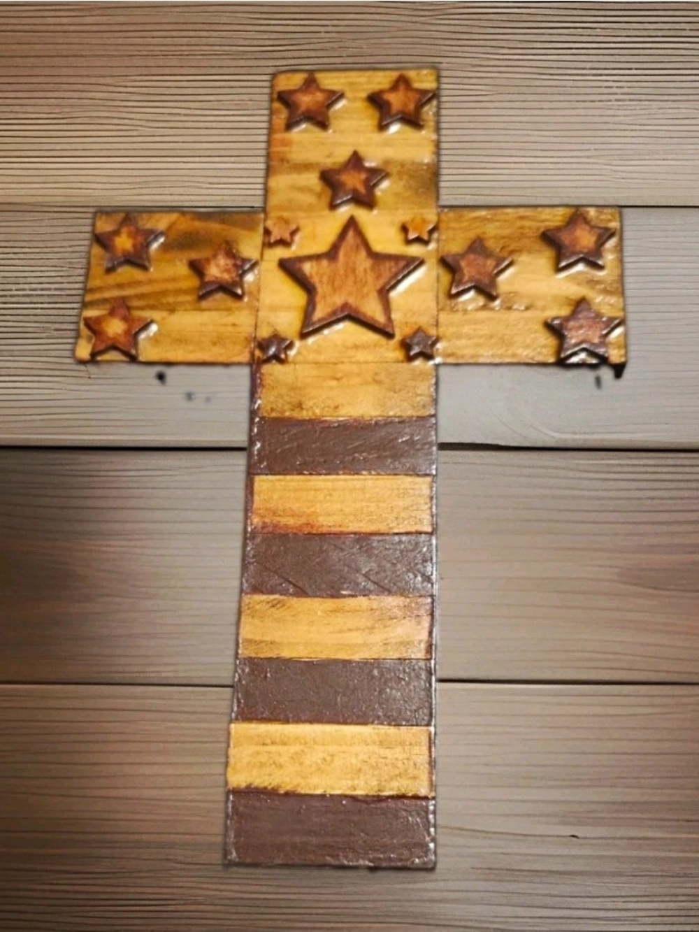 Handmade Wood Christian Cross Wall Hanging, Country American Flag Design Accents